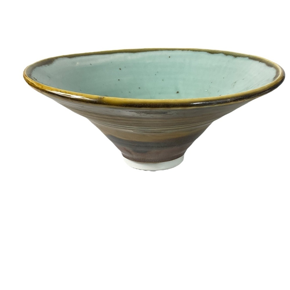 Handmade Studio Pottery Bowl Green Blue Glaze 8 3/16” Wide Tapered V Shape